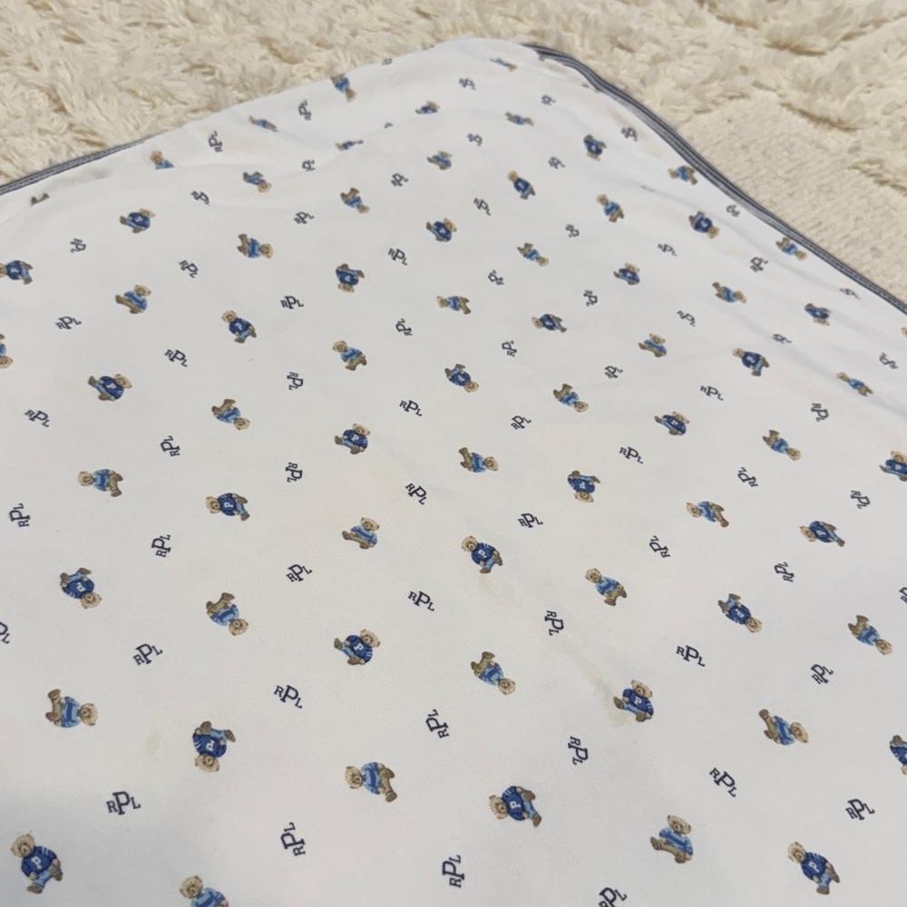 Ralph Lauren White Baby Blanket with Blue Bears